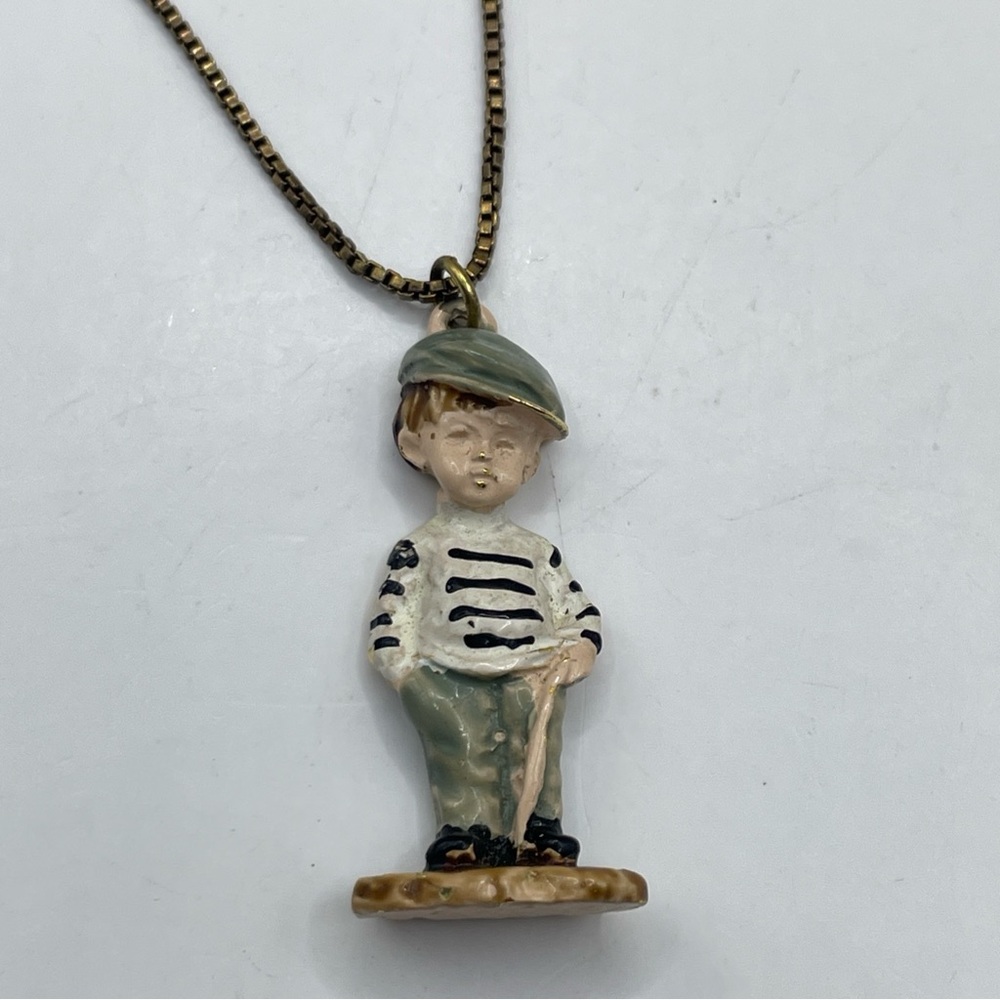 Vintage 1971 Signed Fran Mar Boy Pendant Necklace 3D Cast Metal ~ I LOVE YOU 17”